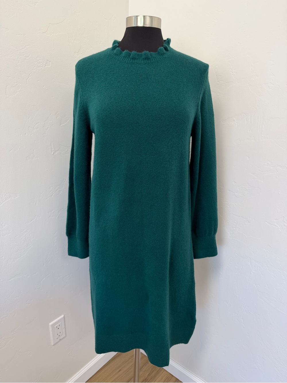 J. Crew Green Long Sleeve Ruffle Neck in extra-soft yarn Sweater Dress Size M